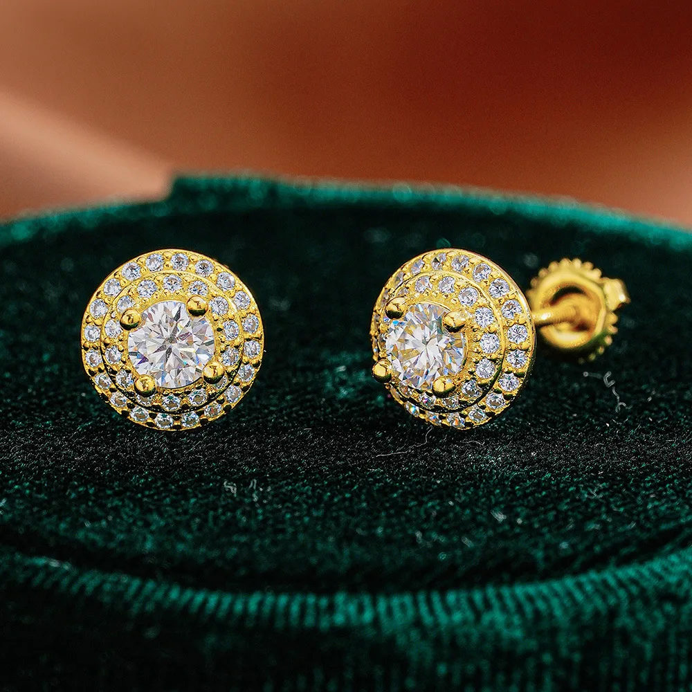 

Hip Hop 18K Gold Moissanite Earrings Round Double Layered European and American Platinum PT950 Men's and Women's Ear Accessories
