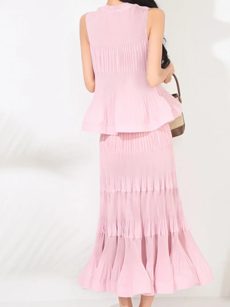 Pleated Pink Sweet Women's Two Pieces Set Round Collar Ruched Tank Top And Elastic Waist Skirt Summer Chic New 206JE