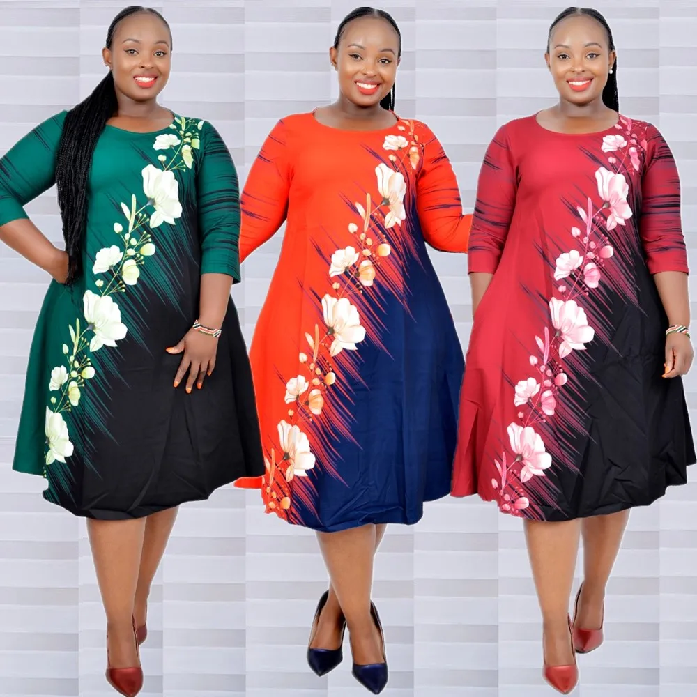 Plus Size New Fashional Three Quarter Sleeve Floral Print Turkey Style African Midi Dresses For Women