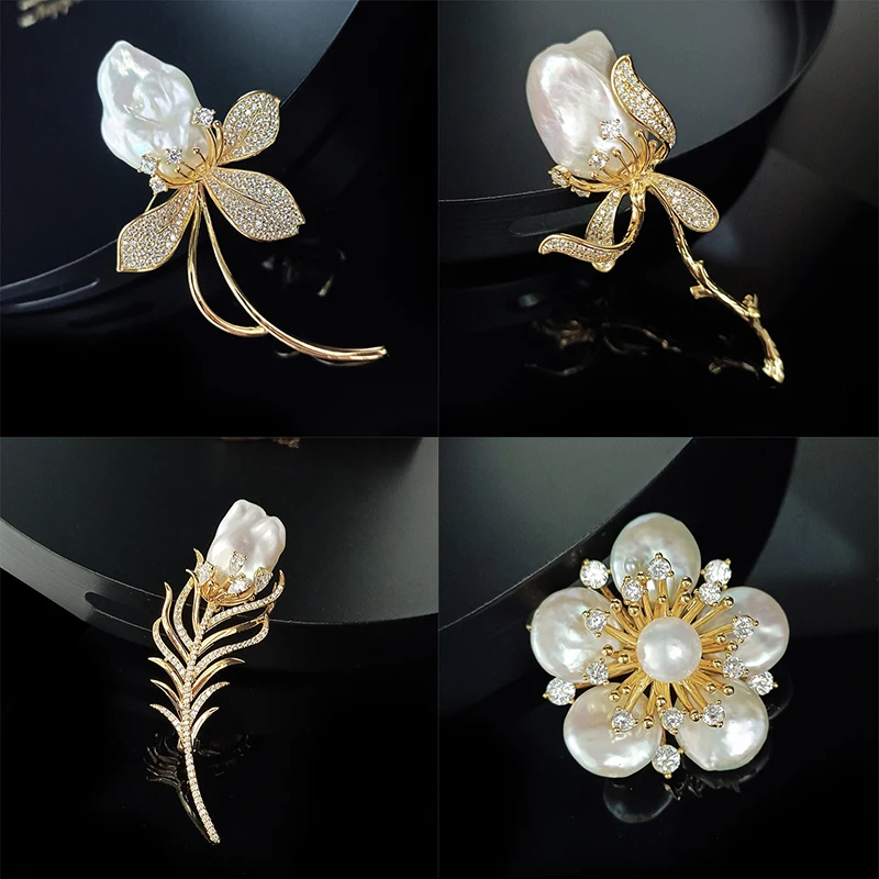 

Elegant Cubic Zircon Baroque Freshwater Pearls Brooch Pin for Women's Feather Flower Brooches Coat Jewelry Accessories