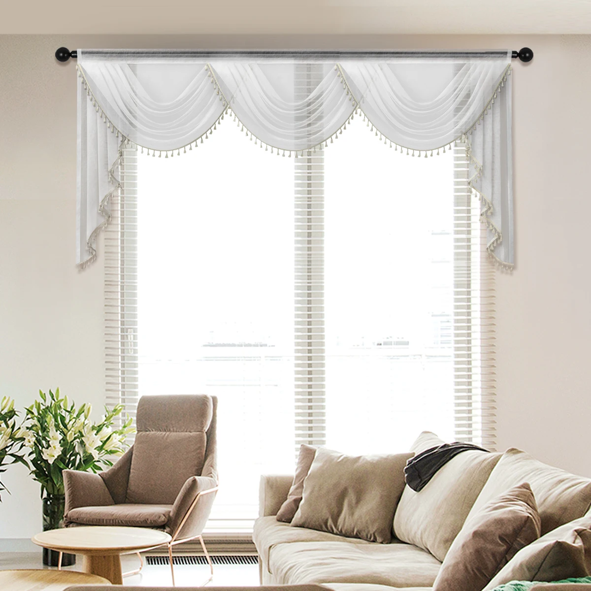 

Каскадный балдахин с белым водопадом, 1 шт., карманный стержень, Европейский балдахин с волнистым окном с кисточкой для декора гостиной, декор для комнаты