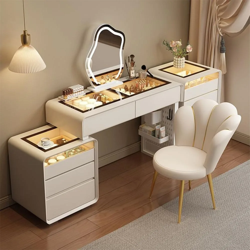 

Luxury Vanity Desk, Solid Wood Table Set with 2 Side Cabinet, Makeup Vanity with Mirror and Lights, Makeup Dressing Table