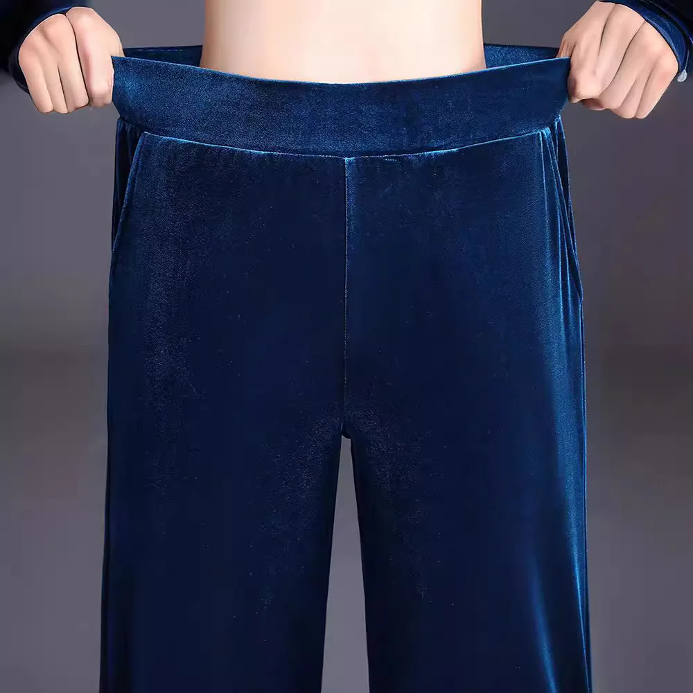 Golden Velvet Wide Legged Pants Women's Autumn High-waisted Plus Size Blue Loose Straight Pants