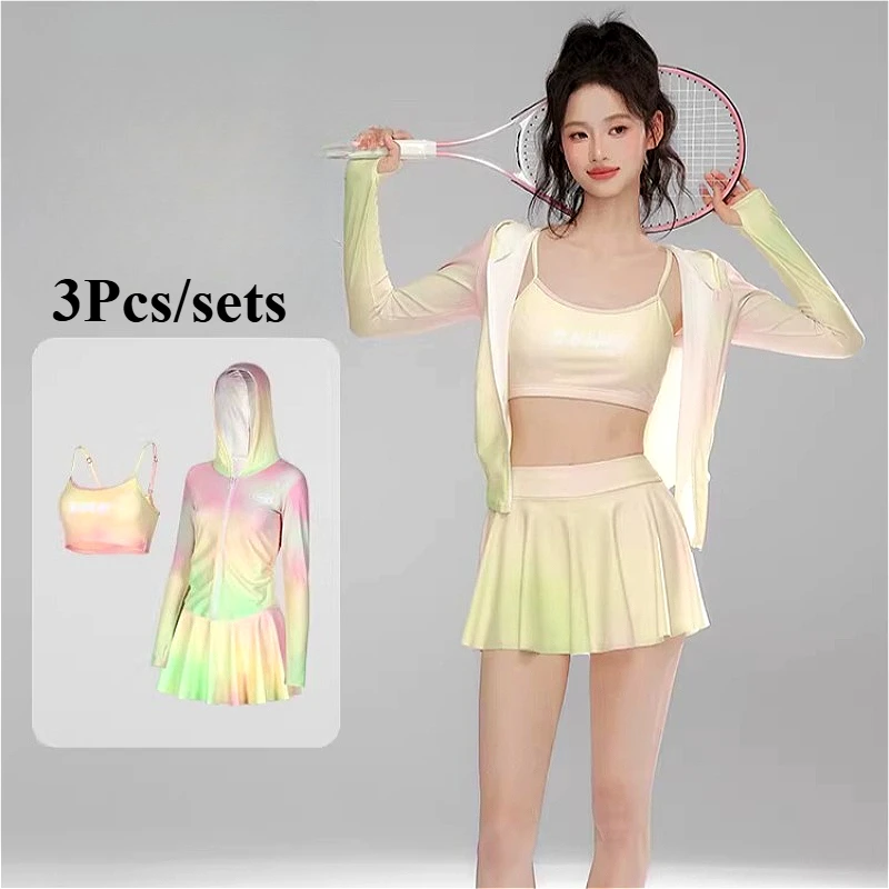 

3Pcs/Set Colorful Women's Swimsuit Dress Sets Fashion Shiny Girls Sport Sunscreen Long-sleeved Coat Skirts Swimsuits Beachwear