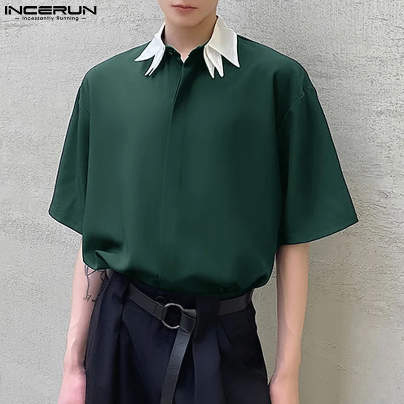 INCERUN Tops 2024 Korean Style Men Simple Contrast Color Dual Neck Shirts Casual Streetwear Patchwork Short Sleeved Shirts S-5XL