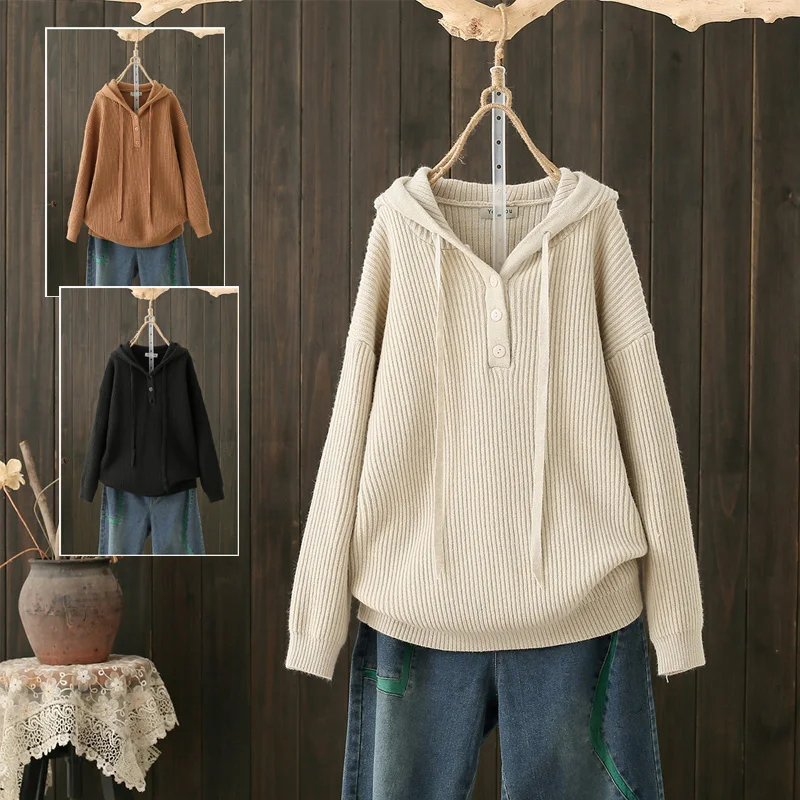 

Autumn Winter plus Size Knitted Sweater Hooded Semi-Unbuttoned Korean Style Versatile Loose Slimming Anti-Aging Sweater