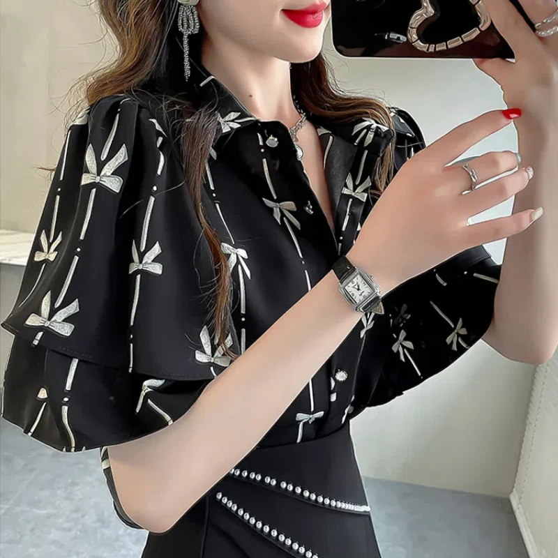 Ruffled Floral Shirt Top for Women\'s New Short Sleeve Polo Neck Loose Printing Elegant Blouse Vintage Fashion Women Clothing