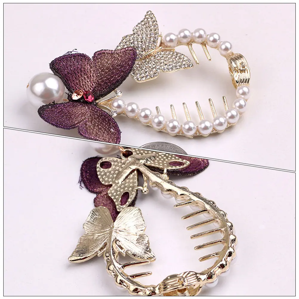 

2Pcs Hair Bun Holders Rhinestone Pearl Butterflies Clip Stylish Ponytail Cuff Elegant Hair Accessories for Daily Wear