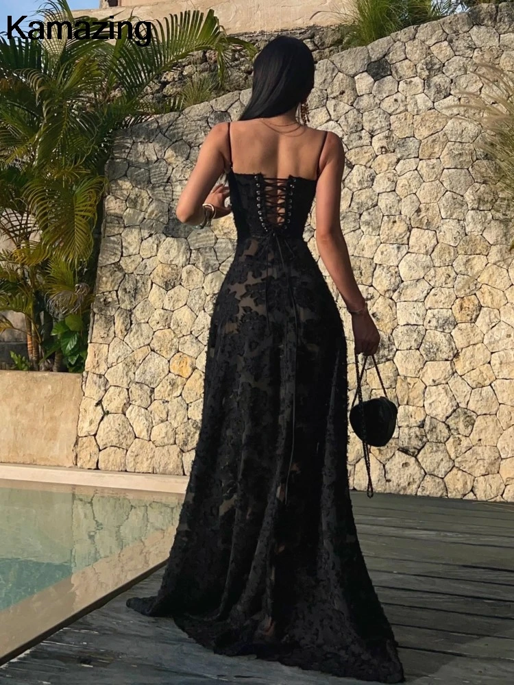 Vintage Luxury Black Long Dress Women Sexy Spaghetti Straps Wedding Evening Party Robe Summer Ladies Runway Bridesmaid Clothes