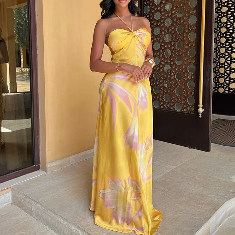 Żółta Sukienka Damska na Ramiączkach z Nadrukiem, Satynowa, Nowa Letnia Sukienka w Stylu Bohemy z Odkrytymi Ramionami, Seksowna, Bez Rękawów, Dopasowana, Długa Sukienka na Imprezę