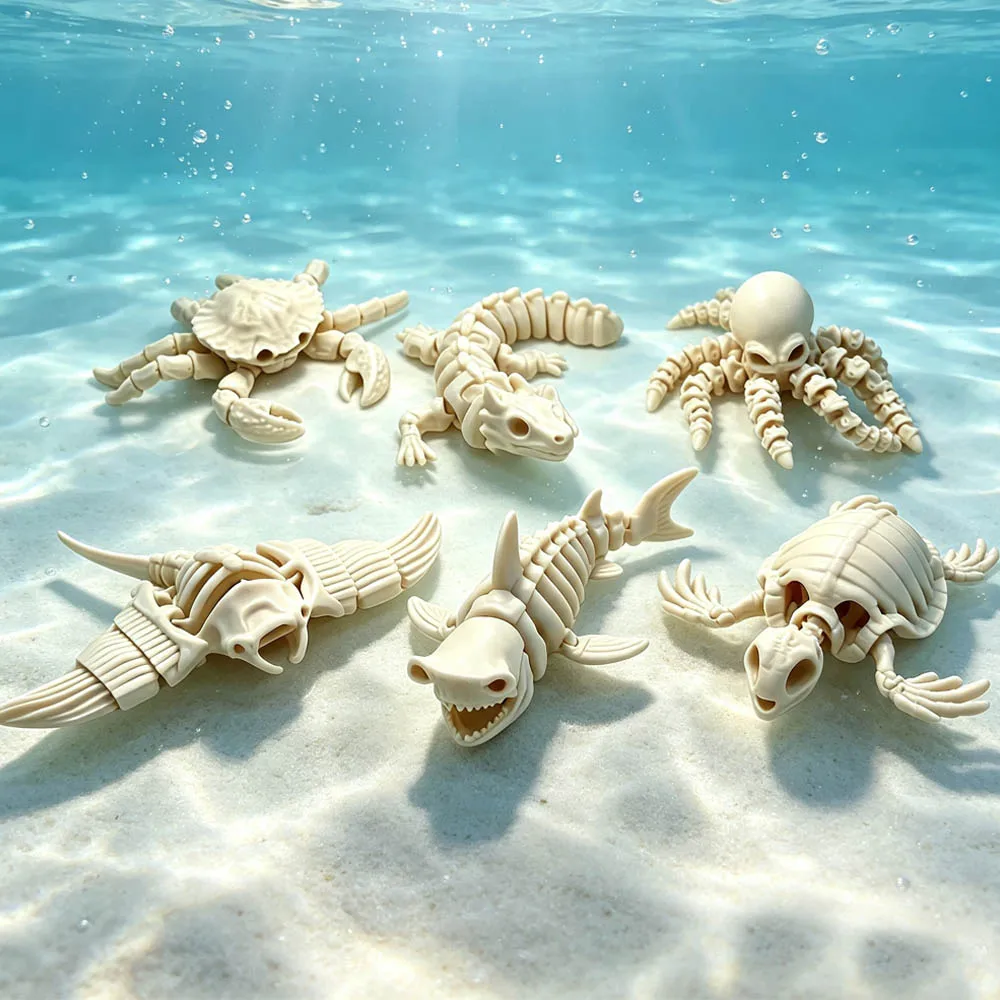 6PCS 3D Printed Skeleton of Marine Creatures, Sharks Fully Articulated, Movable, Rays, Free Swinging, Turtles, Decorative Gifts