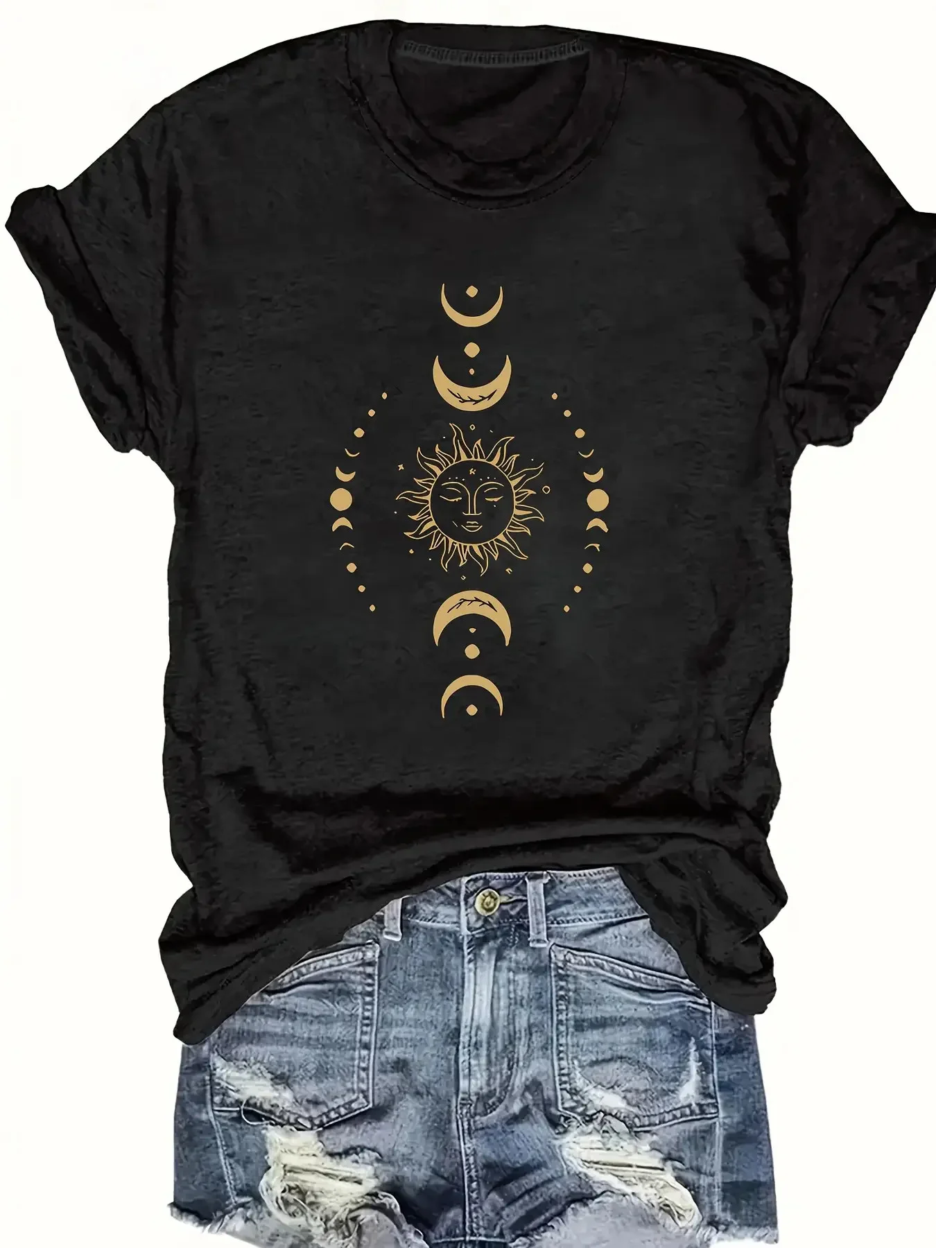 Standard Size Women's Sun and Moon Star Printed T-shirt - Navy Blue Gold Casual Round Neck Short-sleeved Top, Breathable Four-season Machine Washable, Comfortable and Versatile, Celestial Theme, Soft Fabric, Loose Version, Durable Printing Trend