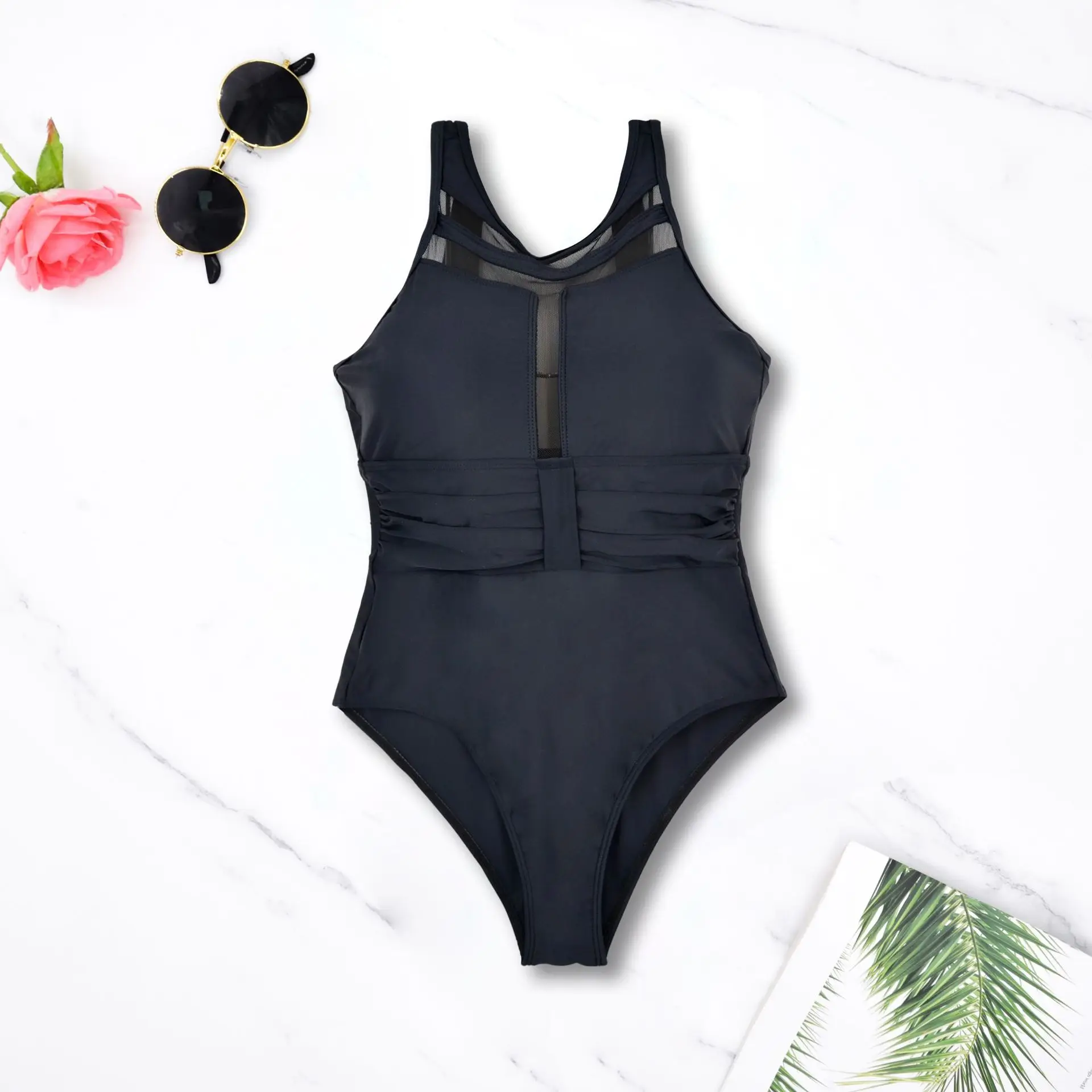 

Сплошной цветной цельный купальник 2025 года, купальный костюм с круглым вырезом и контрастной сеткой, с высоким вырезом, женские купальники и одежда