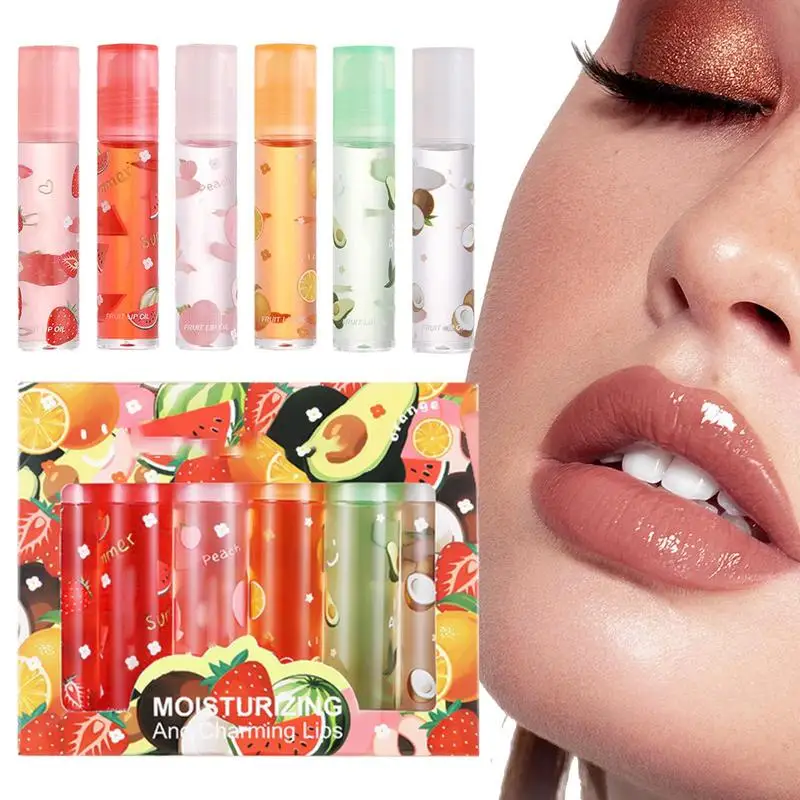 6pcs Fruity Flavors Rolling Ball Lip Oil Set Moisturizing Plumping Lip Oil Fruity Scent Moisturizing Balm Hydrating Lip Gloss