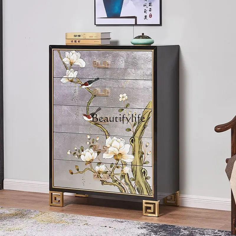 New Chinese painted solid wood living room locker American silver foil storage drawer decorative cabinet