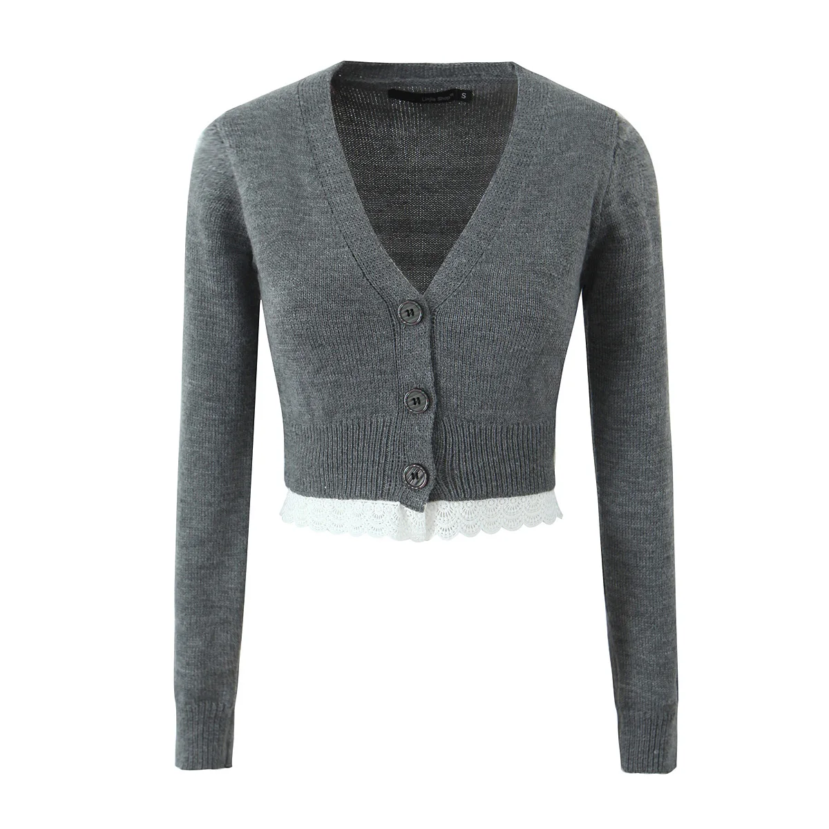 2 pieces 1 set Gray Spliced White Lace Hem V neck Open Buttons Knitted Cardigan Crop Sweater Elastic Waist Mini Skirt Suits