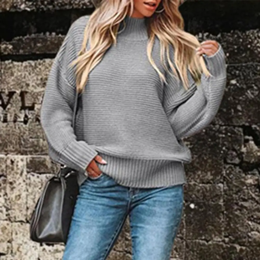 Loose Casual Top Chic Oversized Pullover Sweater Women's Casual Knitting Tops with Half High Collar Long Sleeve Ribbed Trim