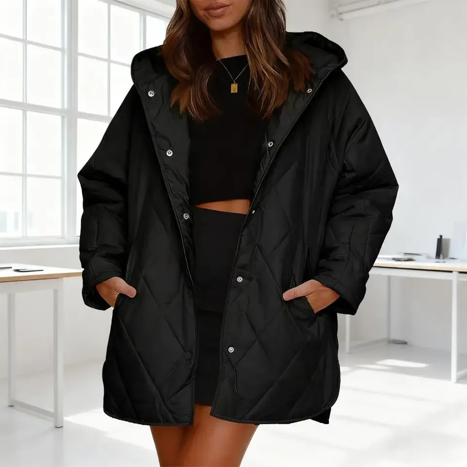 2025 Autumn Winter Fashion Cotton Coat Women's Parkas Casual Curled Hooded Cotton Padded Coat Lattice Outerwear