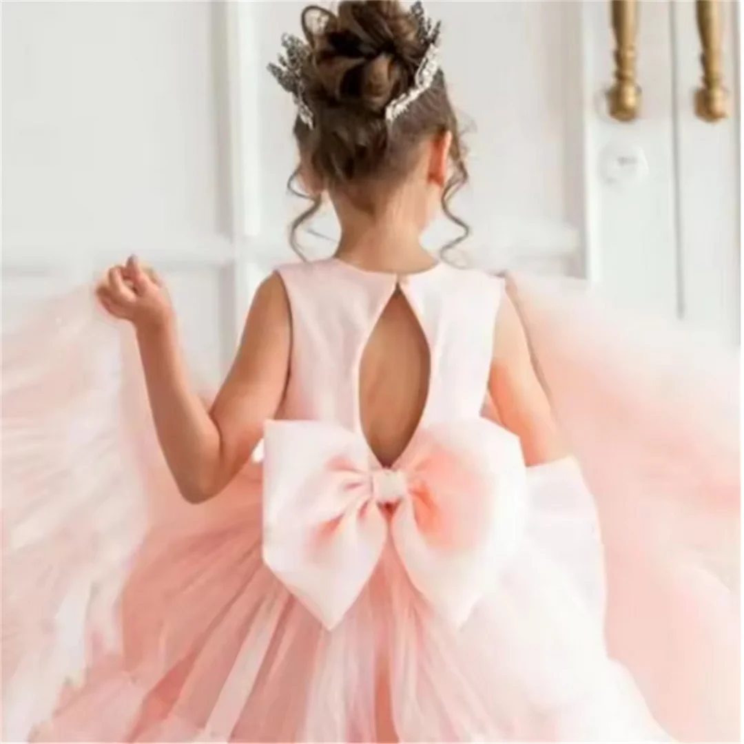 Flower Girl Dress Princess Ball Pink Angel Sleeveless Tulle Lace Layered First Communion Dresses Kids Surprise Birthday