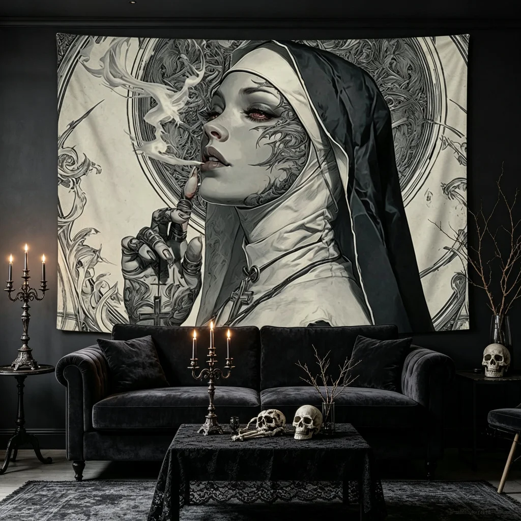 1PC Gothic Nun Dark Punk Horror Print Backdrop Banner, Halloween Gothic, Bedroom Photo Background, Polyester, Home Decor
