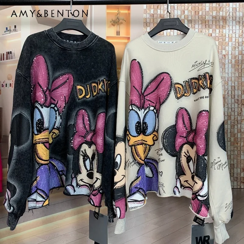 

Trendy Brand New Heavy Craft Cartoon Sweet Hoodies Age-Reducing Fashion Cartoon Long Sleeves Loose Crew Neck Sweatshirt Pullover