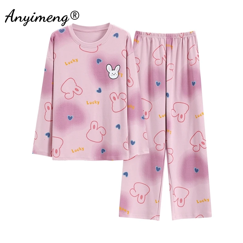 Cute Rabbit Print Cartoon Pajamas Autumn Winter Woman Pajama Sets Long Sleeves Full Pants Girl Nightwear Soft Women Pijamas