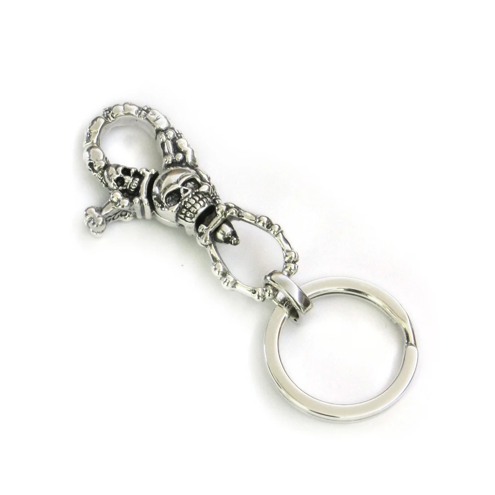 925 Sterling Silver Detail Skull KeyRing Biker Rock Keychain Punk DIY Accessory TA200