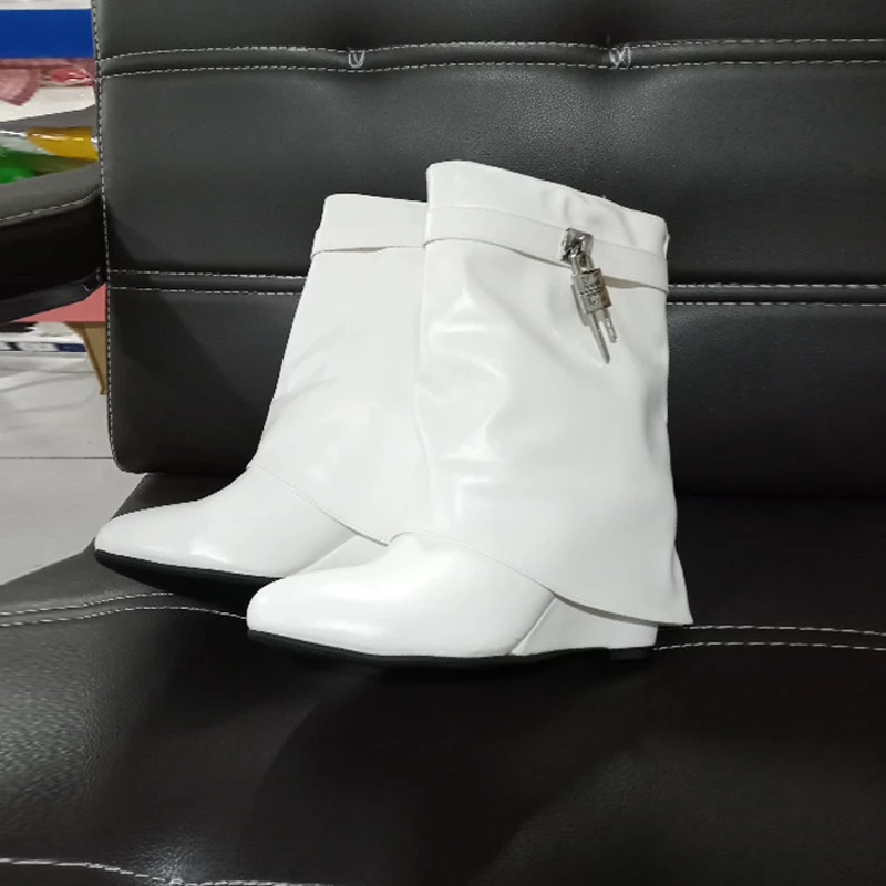 2024 Design Shark Lock Women Boots Wide-calf Wedge Heel 10.5 Knee High Boot Motorcycle Genuine Leather White Red Boots Shoes