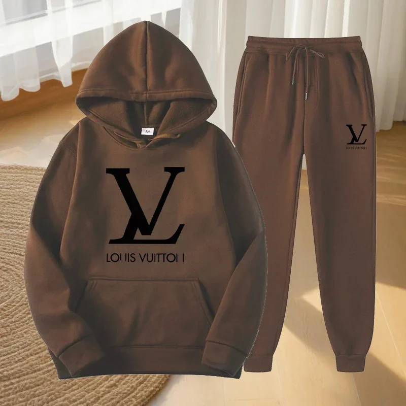 Conjunto esportivo de casal de outono e inverno masculino e feminino: moletom com capuz de manga comprida, moletom e calças compridas casuais da moda conjunto de 2 peças