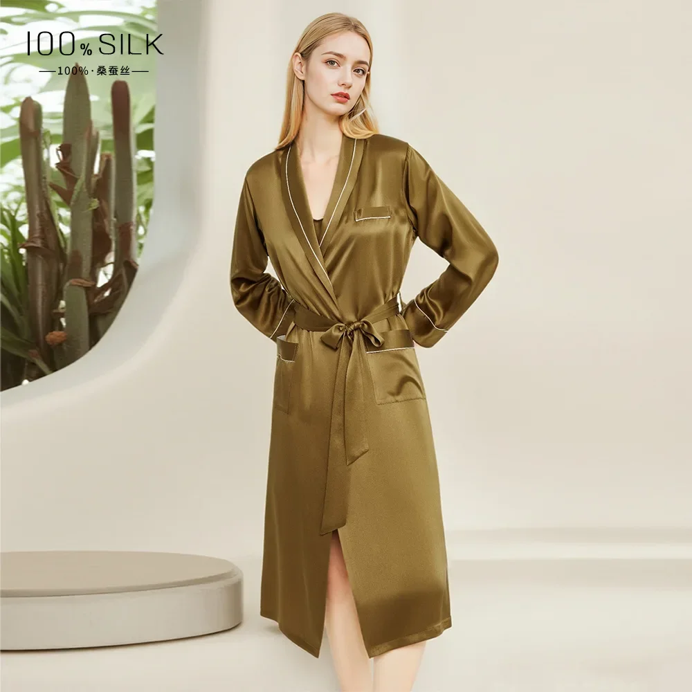 19MM Heavy Mulberry Silk Robe Dressing Gown Women Long Kimono Bathrobe Nightgown Loungewear Lace Up Shower Robes Homewear Pajama