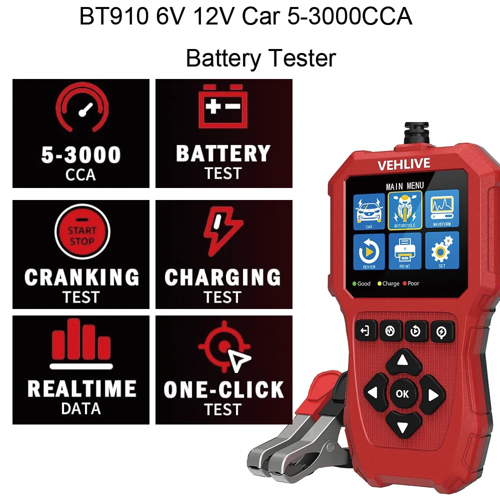 

BT910 6V 12V Car Battery Tester Auto Start And Charge Test Moto Alternator Tests Vehicles AMG GEL EFB Battery Health Analyzer