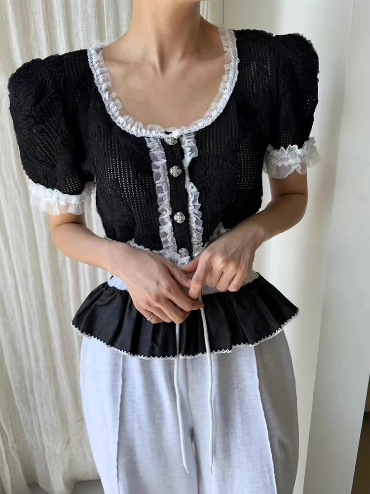 

Sweet Sle ort Bubble Sve irt Женский топ с кружевной отделкой и вышивкой, летний новый дизайн, уникальный кардиган Sle, верхняя часть тела