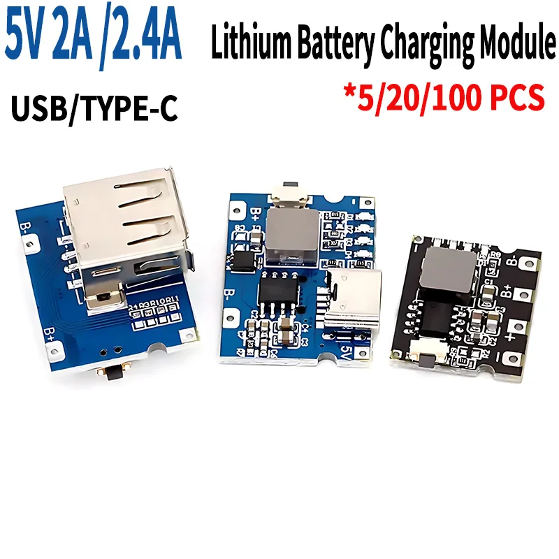 Módulo de carga de batería de litio, dispositivo con puerto USB tipo C, salida normalmente abierta, Tesoro de carga de energía Móvil, 5/20/100 piezas, 5V, 2A /2.4A