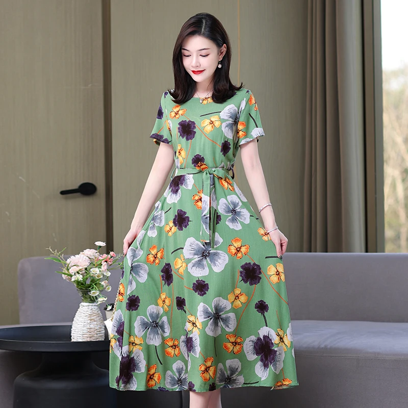 New Arrival 2024 Summer Dress Vestido Loose O-neck Casual Print Floral Cotton Women Clothing Vestidos Dresses Plus Size