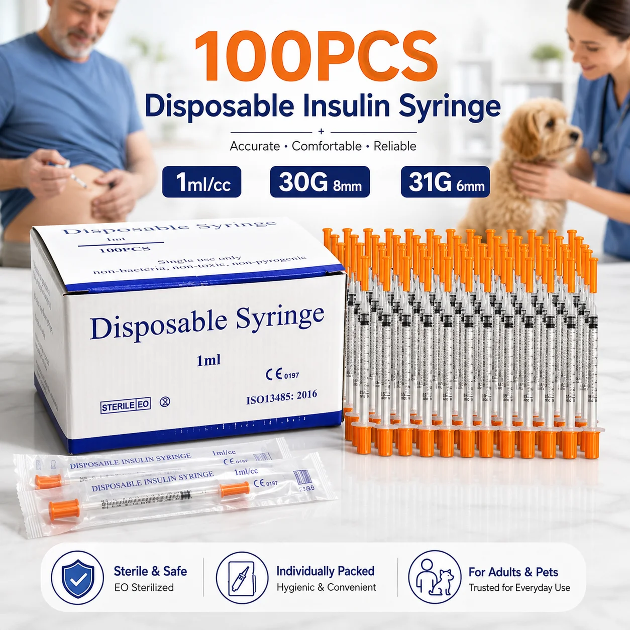 100PCS 0.5/1ml/cc 31/30G 8mm 6mm Disposable Sterile Orange Insulin Syringe With 5/16