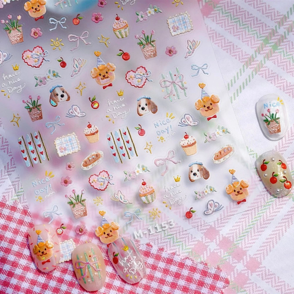 

Lovely Cartoon Dog Bowknot Cake Flowers Shiny Graffiti 5D Reliefs Self Adhesive Nail Art Stickers Cute Manicure Decals Wholesale