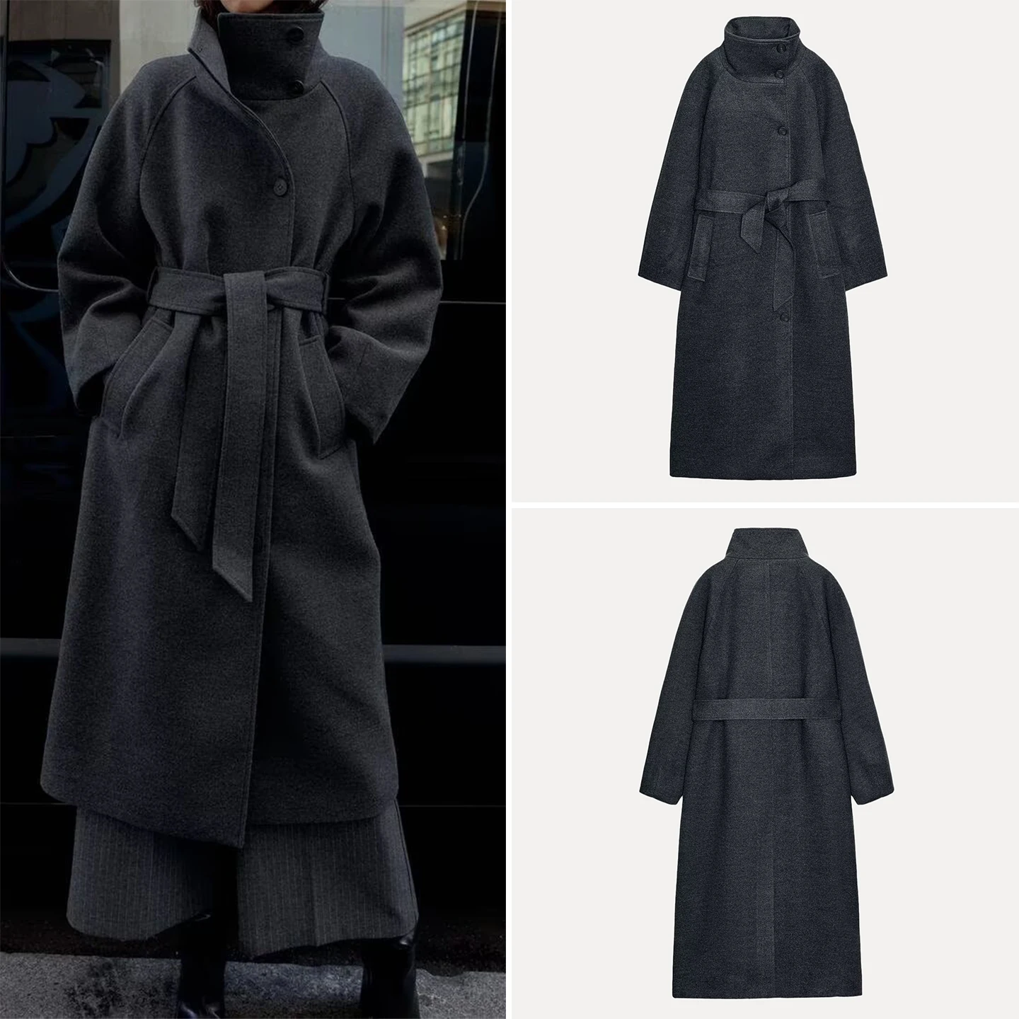 

Faionable Soft Stand Collar Belted Women's Coat Autumn 2025 Z Commute Sle Long Sve Midi Single Button Pure Color