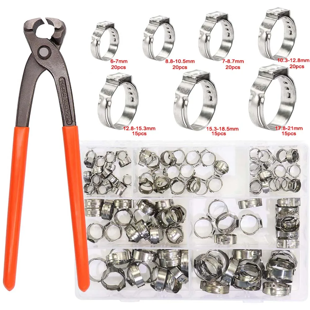 125PCS 7-21mm Single Ear Hose Clamps set 304 Stainless Steel Wire Tube Pipe Fuel Line Clip Assortment kit with Ear Clamp Pincer 