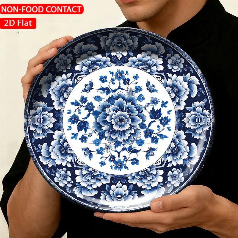 1pc FORJN Modern Round Ceramic Decorative Plate - Blue Floral Wall Plate Suitable for Non-Food Contact, Elegant Table
