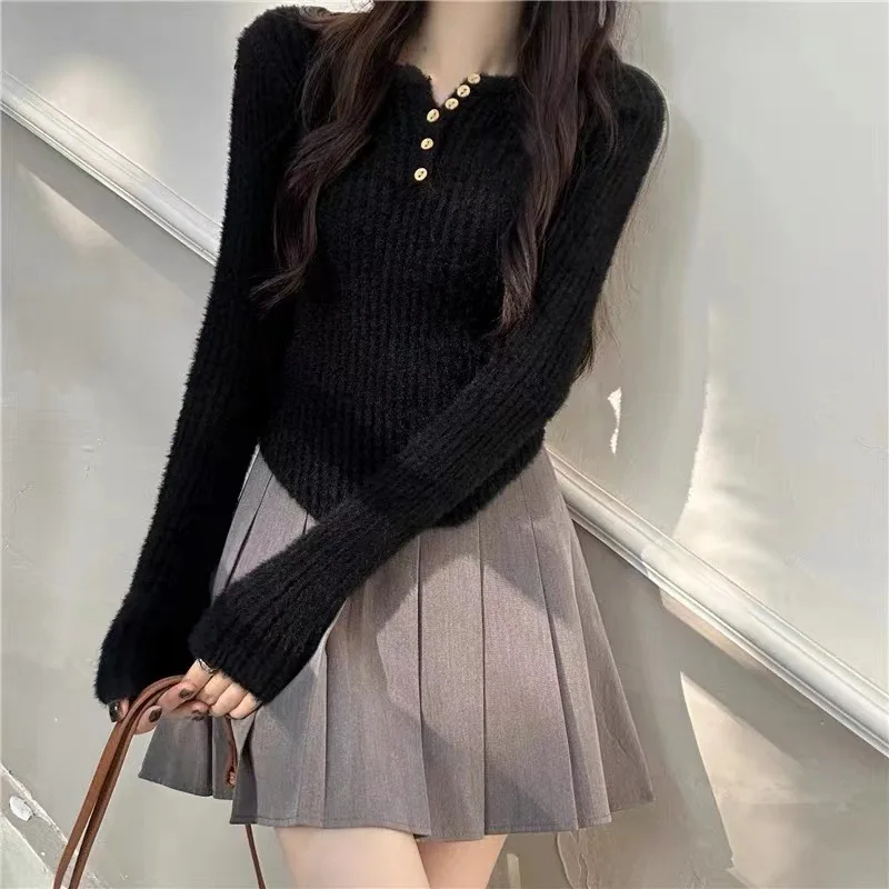 Autumn New Solid Color Slim Women Pullovers Casual Simple Basic Pullovers Woman Black Coffee Apricot Knitted Sweaters