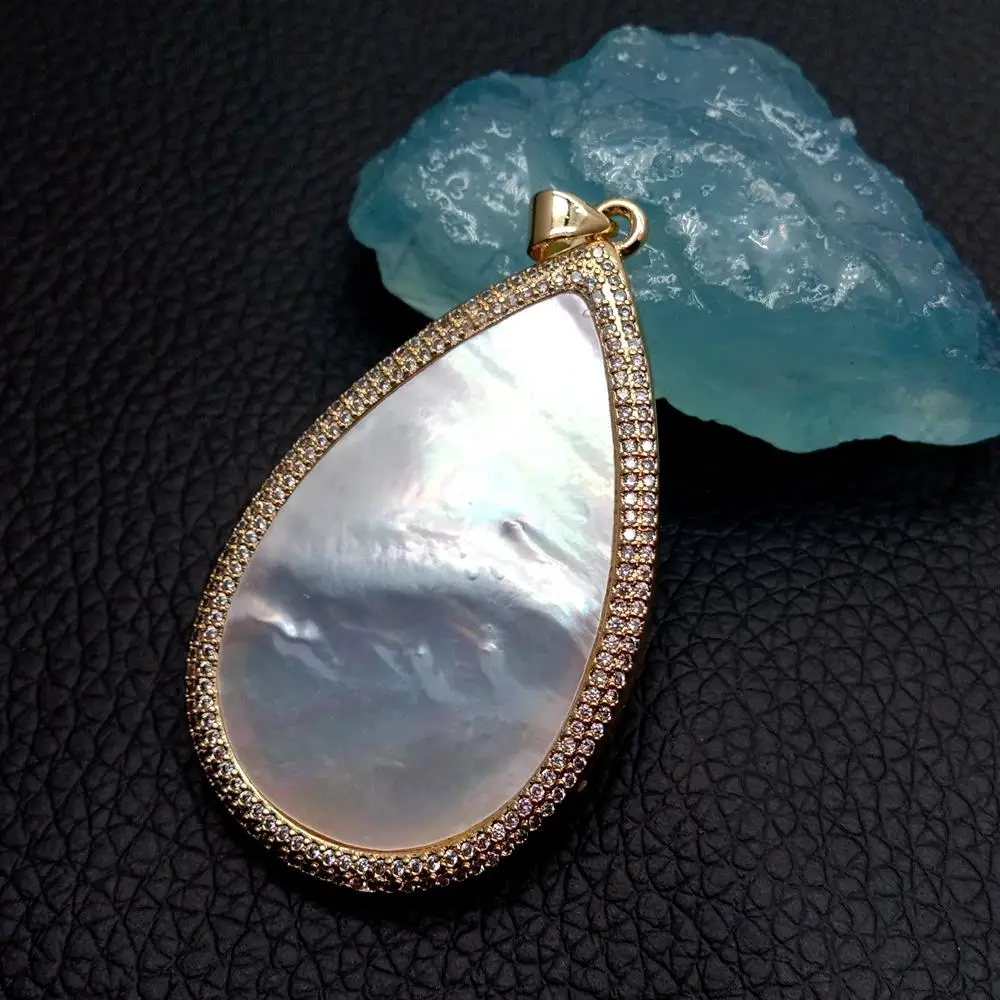 

3 Pcs White Sea Shell Pendant Teardrop Shape Cz Pave Pendant Fashion Jewelry