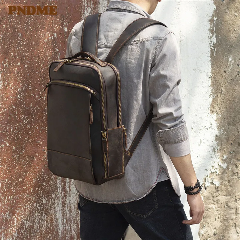 Vintage crazy horse cowhide men large capacity backpack simple fashion natural genuine leather women travel work laptop bagpack