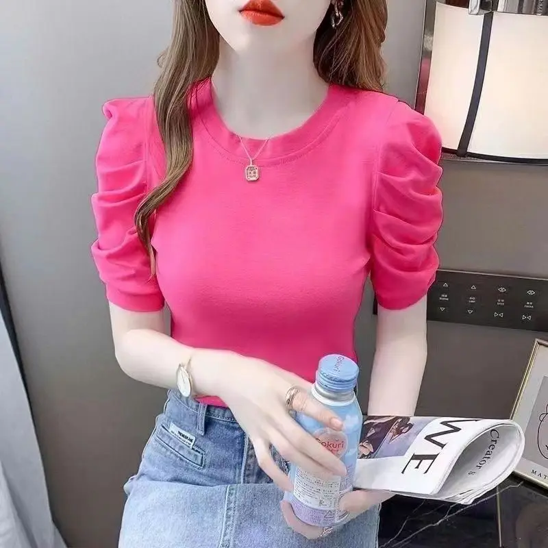 Summer New Solid Color Fashion Short Sleeve T-shirt Women High Street Round Neck Pullovers Elegant Pleated Pure Cotton Slim Tee