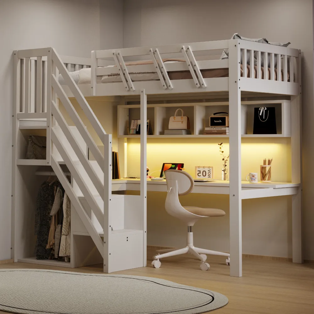 Weißes Einzel-Hochbett 90x200 – Massivholzrahmen, Aufbewahrungstreppe, Schreibtisch, USB & LED, für Kinder oder Jugendliche