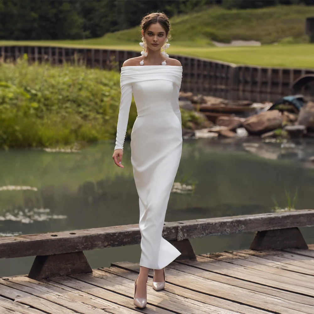 

Simple Boat Collar Satin Long Sleeve Wedding Dress for Women Elegant Sheath Knee-Length Wedding Party Gowns robes de soirée