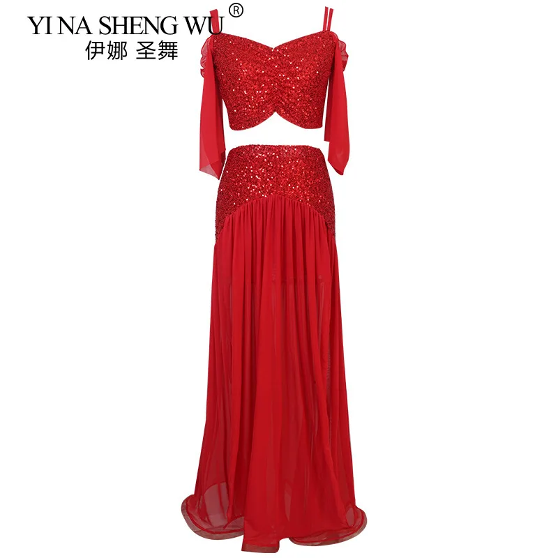 Zestaw kostiumów do tańca brzucha dla kobiet Top i spódnica Siateczka z cekinami Krótkie rękawy Dla dorosłych Ubrania do ćwiczeń scenicznych