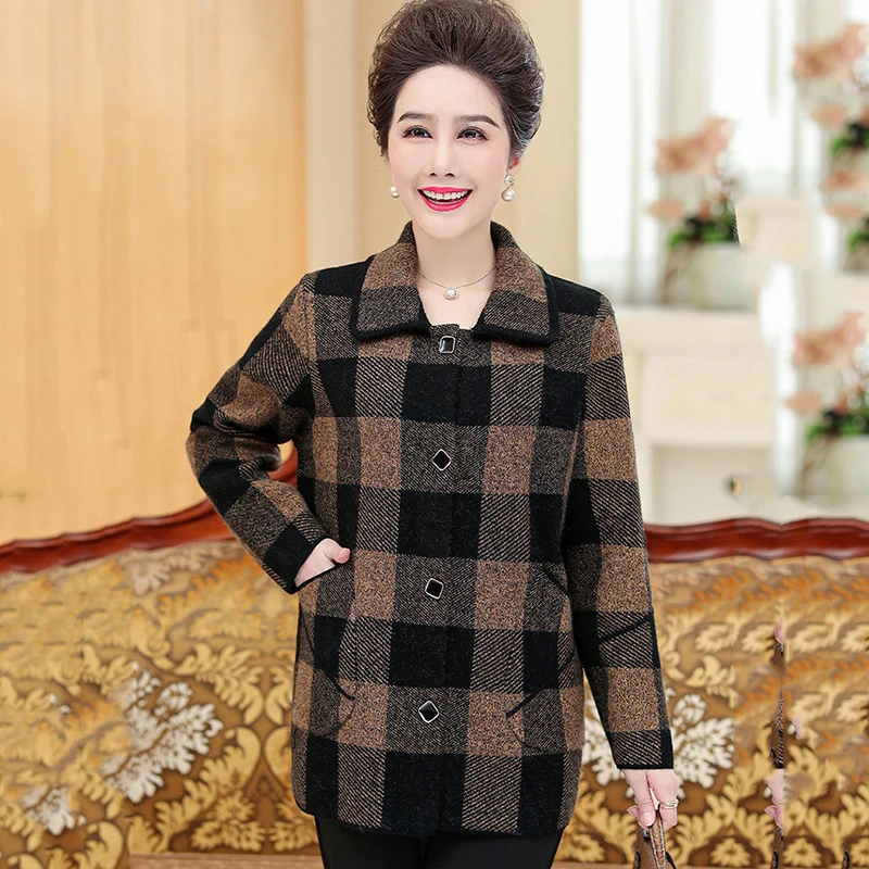 Fashion Spring Autumn Plaid Coat Tops Female 2022 New Middle-Aged Elderly Mother Knitted Lapel Cardigan Sweater Casual Jacket