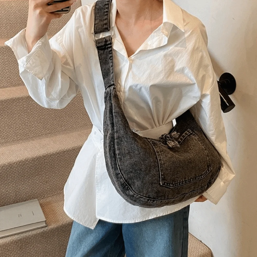 

Fashion Vintage Denim Shoulder Bag Large Capacity Multi-pockets Cross Body Bag Commuting Versatile Satchel Bags Ladies