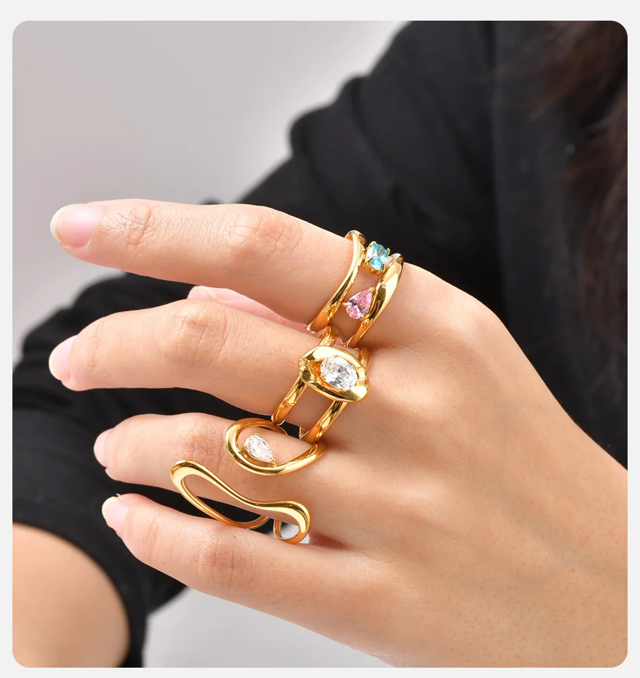 Vnox vergoldeter tropfenförmiger ovaler rosa-blauer Zirkon-Doppelschicht-Öffnungsring für Damen, glänzende Kristalle, Party-Fingerring, Schmuck – Detail 2