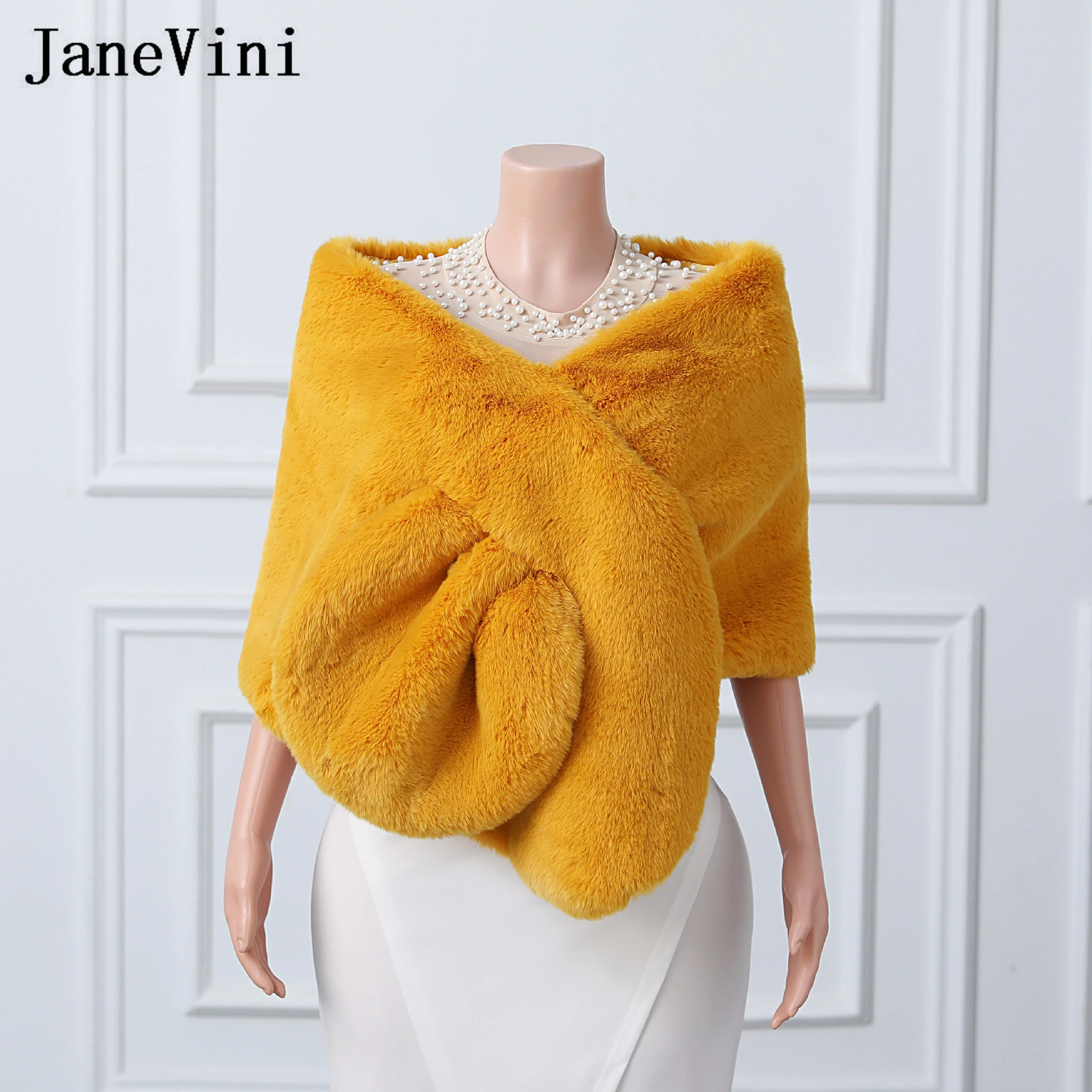 

JaneVini Elegant Ginger Faux Fur Bridal Bolero Femme Wedding Dress Cape Shawl Women Party Stole Shrug Bride Wraps Capelet Winter